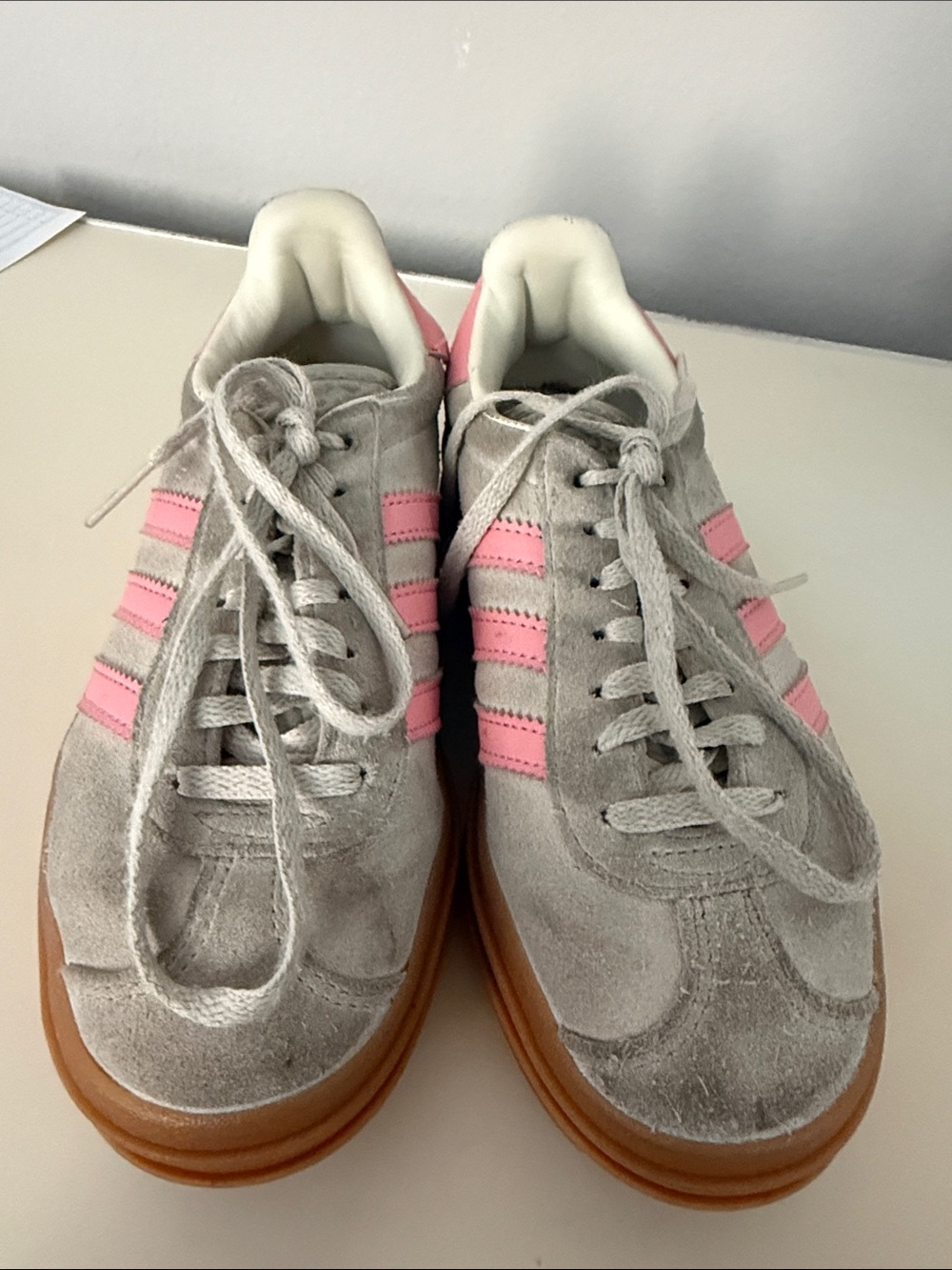 Adidas Light Gray Suede Platform Sneakers Pink Stripes and Gum Sole  (3.5) - Picture 2 of 3
